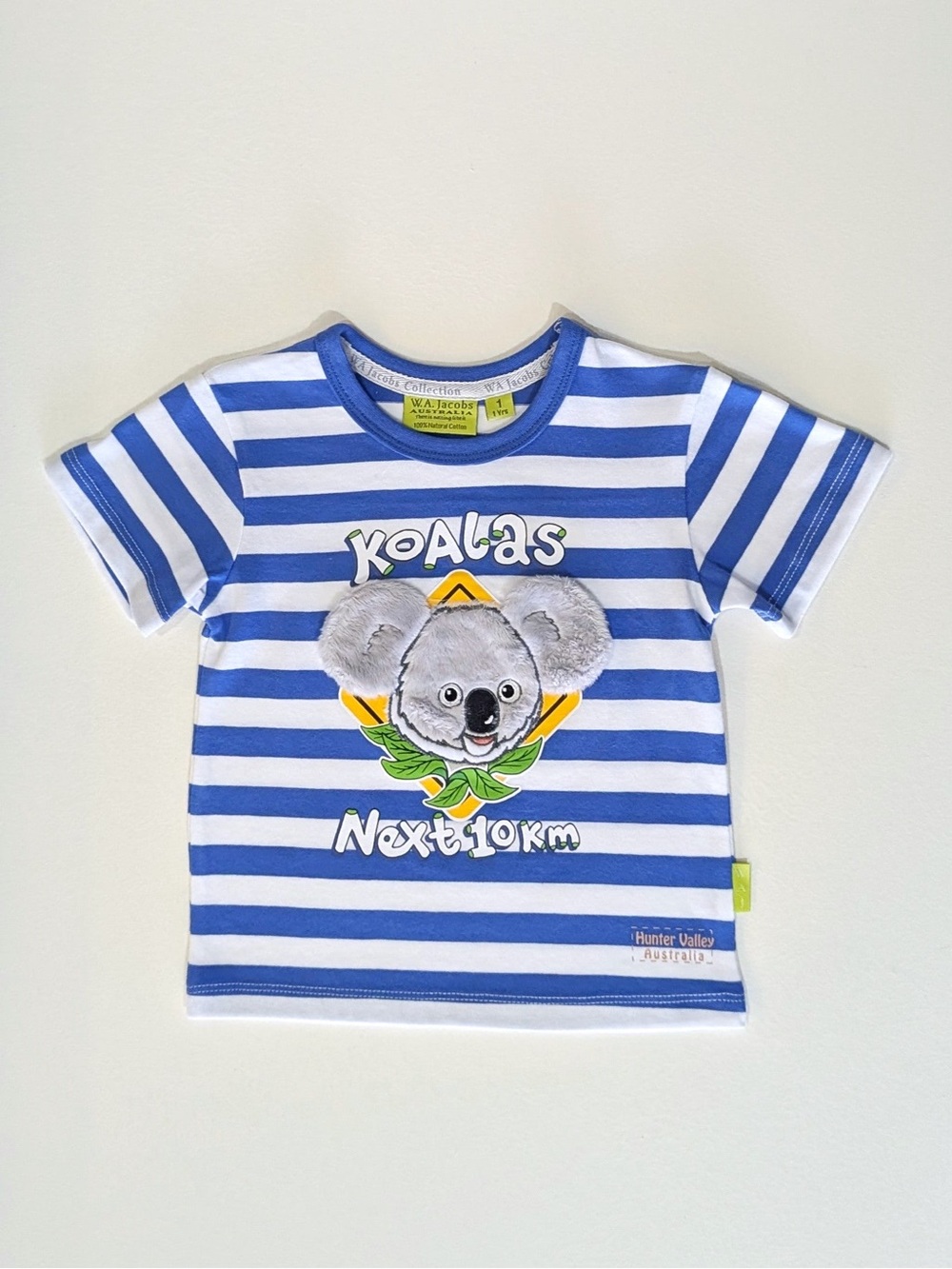W.A. JACOBS | 100% Cotton 3-D Koala Blue & White Striped Kids Short Sleeve Tee
